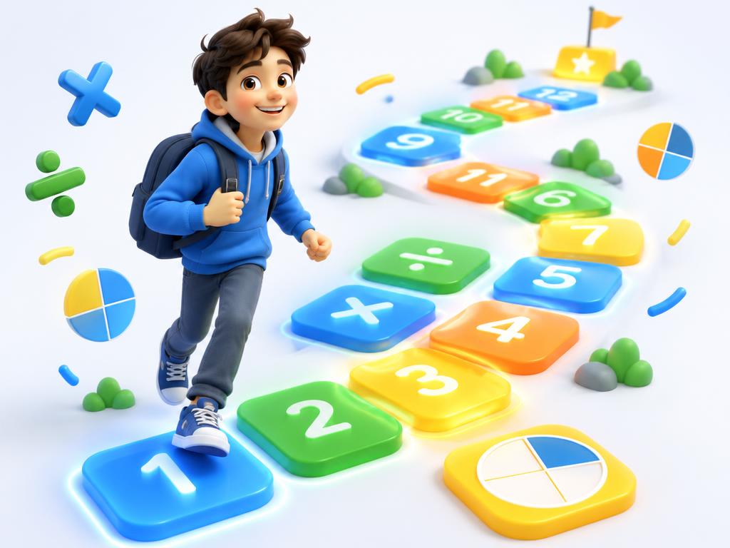 A student walking a path of number tiles